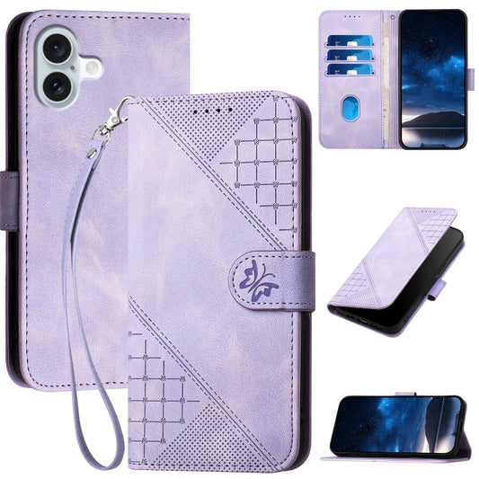 For iPhone 16 Plus YX0080 Grid Butterfly Embossed Pattern Flip Leather Phone Case with Lanyard(Light Purple) - iPhone 16 Plus Cases by buy2fix | Online Shopping UK | buy2fix