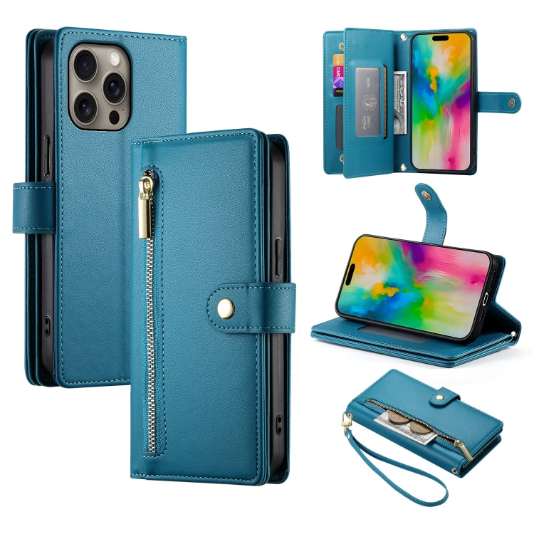 For iPhone 16 Pro Nine Card-slot Zipper Wallet Bag Leather Phone Case(Blue) - iPhone 16 Pro Cases by buy2fix | Online Shopping UK | buy2fix