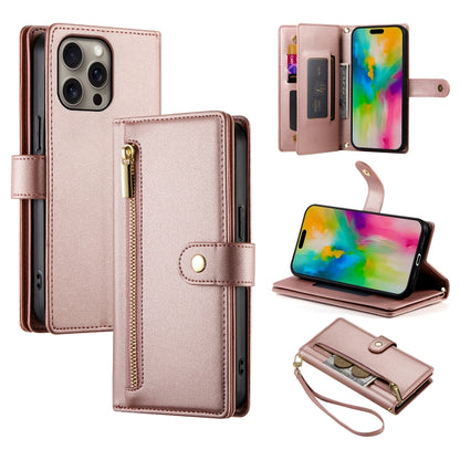 For iPhone 16 Pro Max Nine Card-slot Zipper Wallet Bag Leather Phone Case(Pink) - iPhone 16 Pro Max Cases by buy2fix | Online Shopping UK | buy2fix