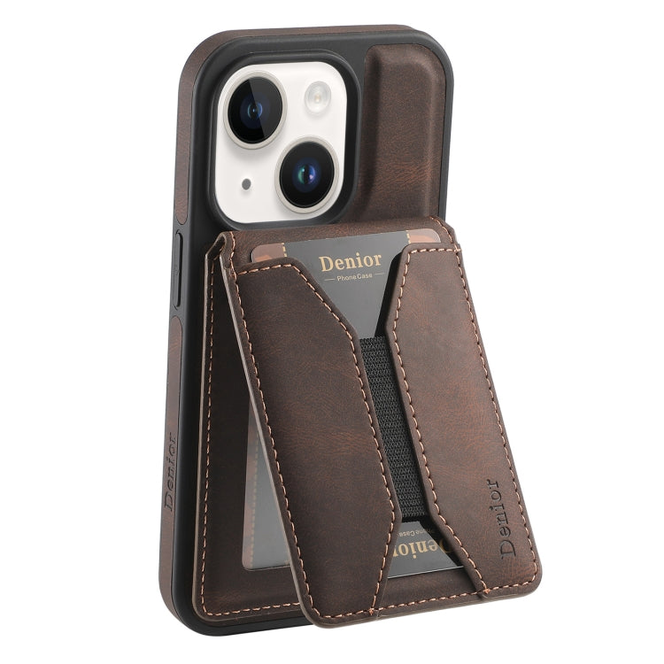 For iPhone 14 / 13 Denior D18 Skin Feel Rotating Holder MagSafe Detachable Card Slot Phone Case(Brown) - iPhone 14 Cases by Denior | Online Shopping UK | buy2fix