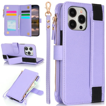 For iPhone 16 Pro Wristband Holder Zipper Purse RFID Leather Phone Case(Purple) - iPhone 16 Pro Cases by buy2fix | Online Shopping UK | buy2fix