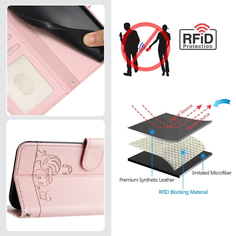 For Samsung Galaxy S25 5G Cat Rat Embossed RFID Leather Phone Case with Lanyard(Pink) - Galaxy S25 5G Cases by buy2fix | Online Shopping UK | buy2fix