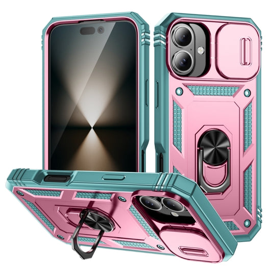 For iPhone 16 Sliding Camshield TPU + PC Phone Case with Holder(Green+Pink) - iPhone 16 Cases by buy2fix | Online Shopping UK | buy2fix