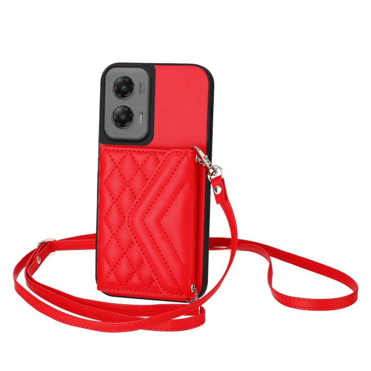 For Motorola Moto G Stylus 5G 2024 Rhombic Texture Card Bag RFID Phone Case with Long Lanyard(Red) - Motorola Cases by buy2fix | Online Shopping UK | buy2fix