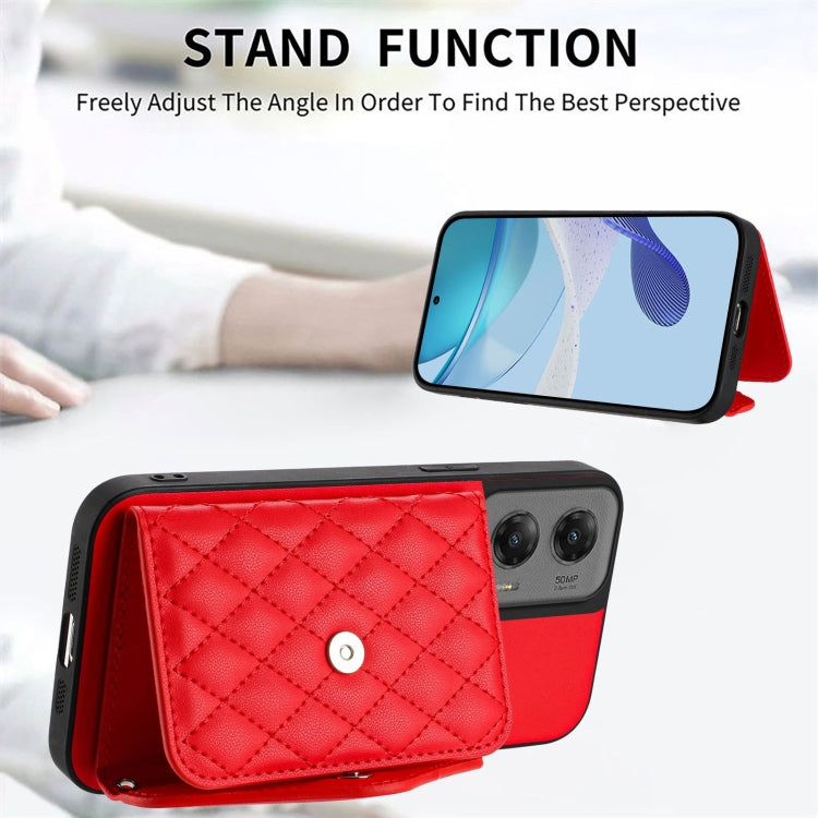 For Motorola Moto G Stylus 5G 2024 Rhombic Texture Card Bag RFID Phone Case with Long Lanyard(Red) - Motorola Cases by buy2fix | Online Shopping UK | buy2fix