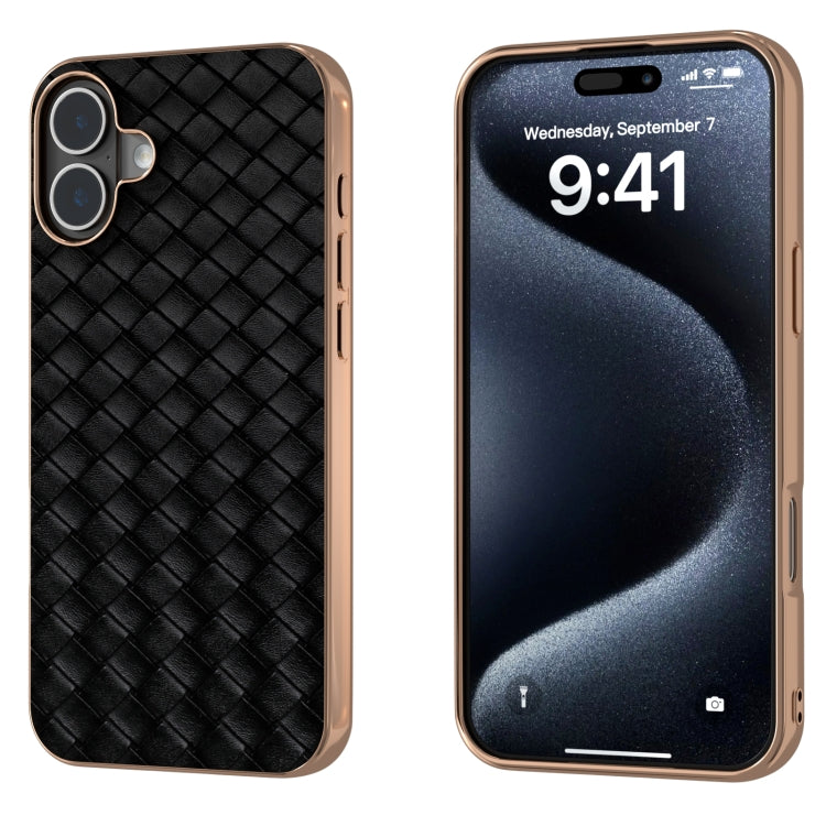 For iPhone 16 Plus Electroplated Frame Woven Texture PU Phone Case(Black) - iPhone 16 Plus Cases by buy2fix | Online Shopping UK | buy2fix