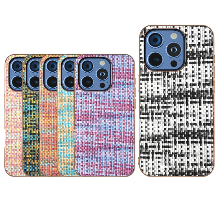 For iPhone 16 Pro Max Electroplated Frame Color Lattice Texture PU Phone Case(Black) - iPhone 16 Pro Max Cases by buy2fix | Online Shopping UK | buy2fix