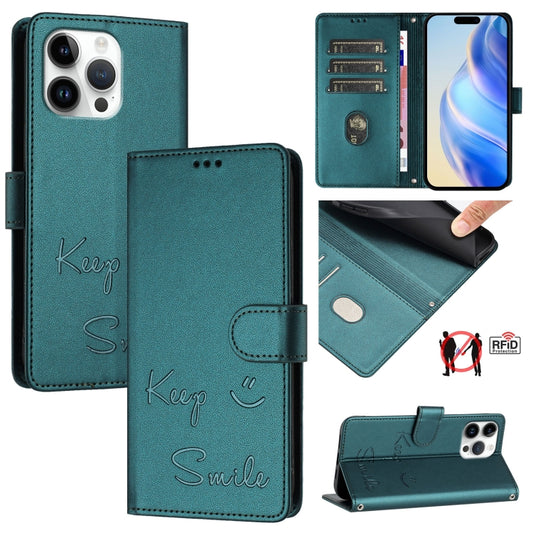 For iPhone 16 Pro Max Smile Embossing RFID Leather Phone Case(Peacock Green) - iPhone 16 Pro Max Cases by buy2fix | Online Shopping UK | buy2fix