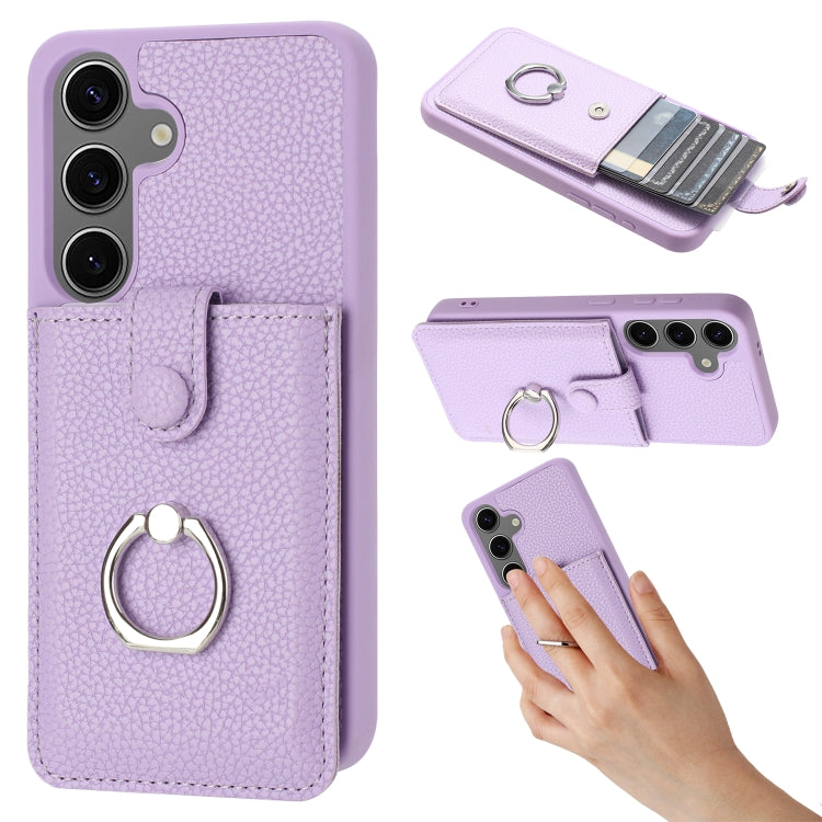 For Samsung Galaxy S25 5G Litchi Texture Drawing Card Bag Ring Holder Phone Case(Purple) - Galaxy S25 5G Cases by buy2fix | Online Shopping UK | buy2fix