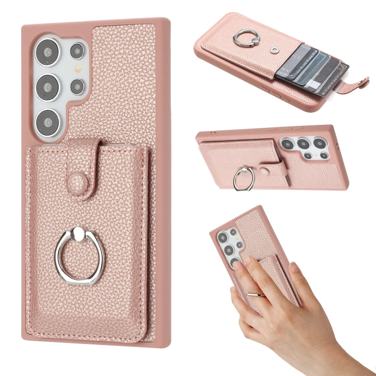 For Samsung Galaxy S25 Ultra 5G Litchi Texture Drawing Card Bag Ring Holder Phone Case(Rose Gold) - Galaxy S25 Ultra 5G Cases by buy2fix | Online Shopping UK | buy2fix