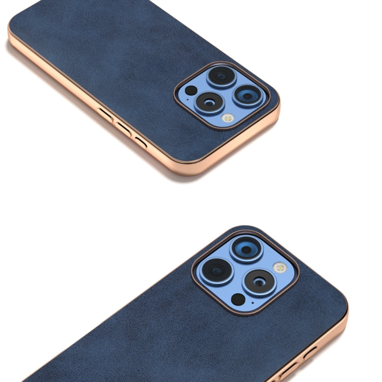 For iPhone 16 Pro Max Nano Electroplating Dual Color Cowhide Texture Protective Phone Case(Blue) - iPhone 16 Pro Max Cases by buy2fix | Online Shopping UK | buy2fix