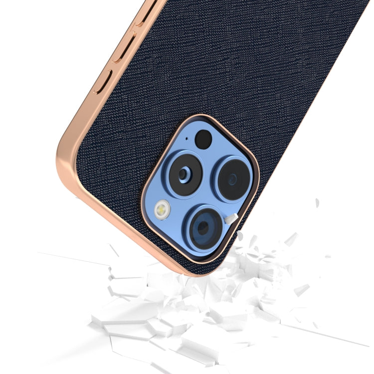 For iPhone 16 Pro Max ABEEL Electroplating Frame Cross Texture Genuine Leather Phone Case(Blue) - iPhone 16 Pro Max Cases by buy2fix | Online Shopping UK | buy2fix