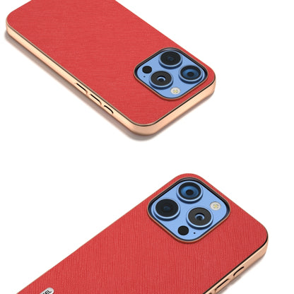 For iPhone 16 Pro Max ABEEL Electroplating Frame Cross Texture Genuine Leather Phone Case(Red) - iPhone 16 Pro Max Cases by buy2fix | Online Shopping UK | buy2fix