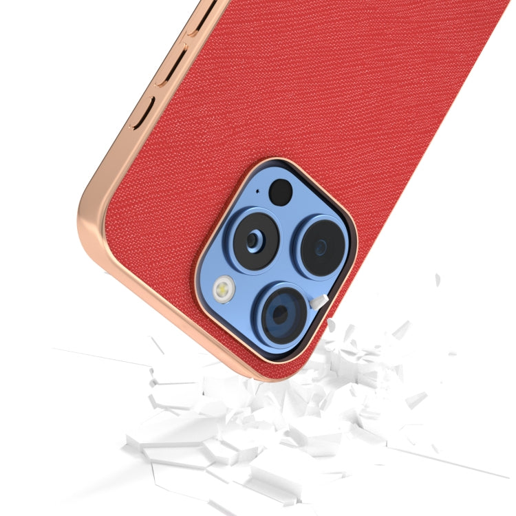 For iPhone 16 Pro Max ABEEL Electroplating Frame Cross Texture Genuine Leather Phone Case(Red) - iPhone 16 Pro Max Cases by buy2fix | Online Shopping UK | buy2fix