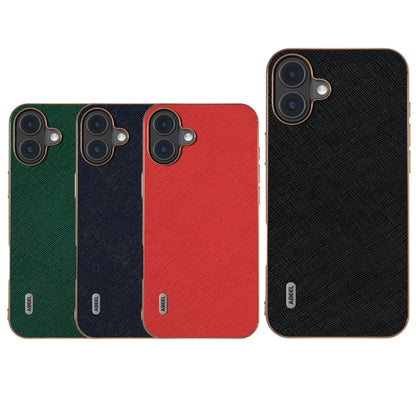 For iPhone 16 ABEEL Electroplating Frame Cross Texture Genuine Leather Phone Case(Green) - iPhone 16 Cases by buy2fix | Online Shopping UK | buy2fix