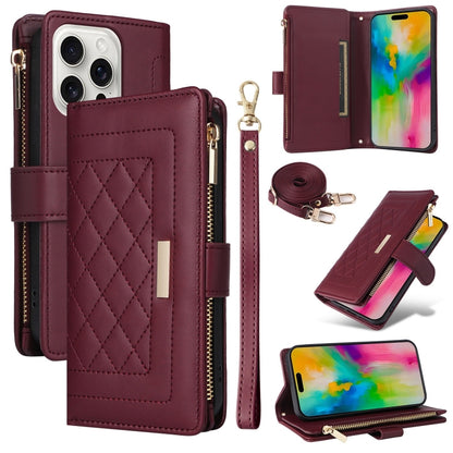 For iPhone 16 Pro Max Crossbody Zipper Wallet Rhombus Leather Phone Case(Wine Red) - iPhone 16 Pro Max Cases by buy2fix | Online Shopping UK | buy2fix