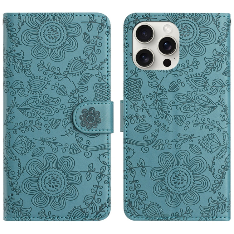 For iPhone 16 Pro Floral Embossed Pattern Leather Phone Case(Dark Green) - iPhone 16 Pro Cases by buy2fix | Online Shopping UK | buy2fix