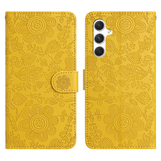 For Samsung Galaxy S25 5G Floral Embossed Pattern Leather Phone Case(Yellow) - Galaxy S25 5G Cases by buy2fix | Online Shopping UK | buy2fix