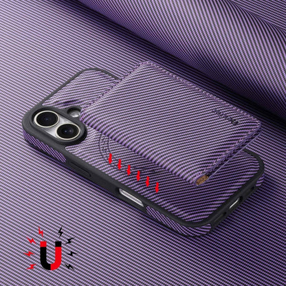 For iPhone 16 Plus Denior Carbon Fiber Texture Leather Card Bag MagSafe Phone Case(Purple) - iPhone 16 Plus Cases by Denior | Online Shopping UK | buy2fix