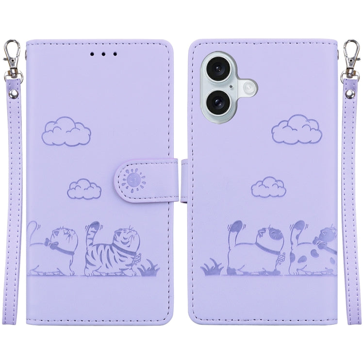 For iPhone 16 Plus Cute Cats RFID Leather Phone Case(Purple) - iPhone 16 Plus Cases by buy2fix | Online Shopping UK | buy2fix