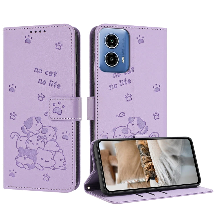 For Motorola Moto G 5G 2024 Embossed Kitten Phone Leather Case with Lanyard(Purple) - Motorola Cases by buy2fix | Online Shopping UK | buy2fix