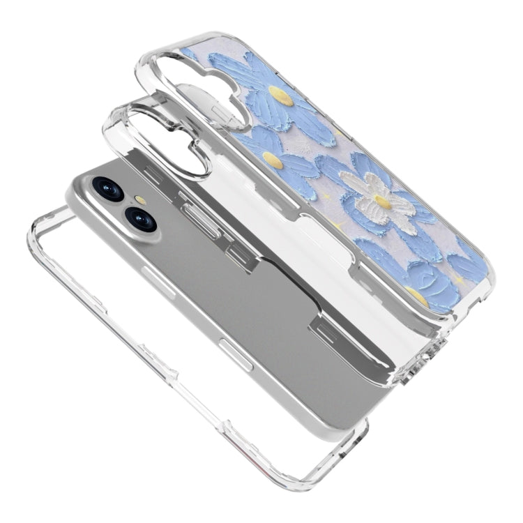 For iPhone 16 Small Fresh Sticker PC + TPU Shockproof Phone Case(Blue Flower) - iPhone 16 Cases by buy2fix | Online Shopping UK | buy2fix