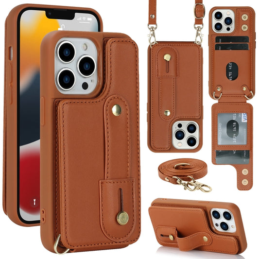 For iPhone 16 Pro Wristband Vertical Flip Wallet Back Cover Phone Case with Long Lanyard(Brown) - iPhone 16 Pro Cases by buy2fix | Online Shopping UK | buy2fix