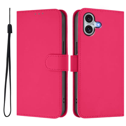 For iPhone 16 Plus Skin Feel Solid Color Leather Phone Case with Lanyard(Rose Red) - iPhone 16 Plus Cases by buy2fix | Online Shopping UK | buy2fix