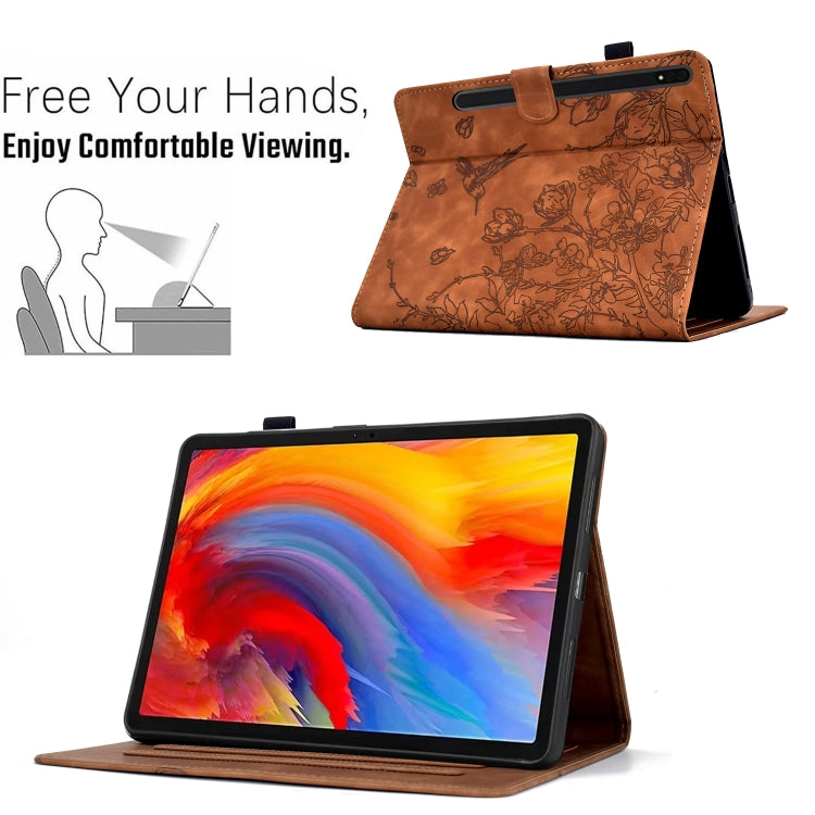 For Samsung Galaxy Tab S9 Flowers and Bird Embossed Smart Leather Tablet Case(Brown) - Galaxy Tab S9 Cases by buy2fix | Online Shopping UK | buy2fix