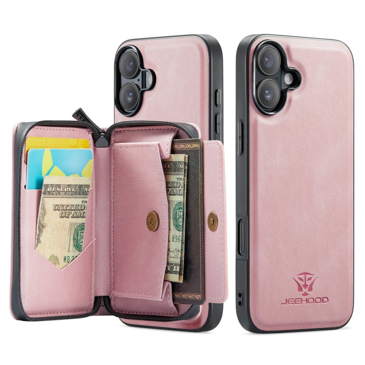 For iPhone 16 JEEHOOD J02 Magnetic Zipper Horizontal Flip Leather Phone Case(Pink) - iPhone 16 Cases by JEEHOOD | Online Shopping UK | buy2fix