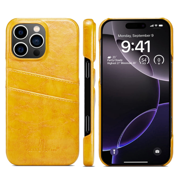 For iPhone 16 Pro Fierre Shann Retro Oil Wax Texture Card Slots PU Leather Phone Case(Yellow) - iPhone 16 Pro Cases by FIERRE SHANN | Online Shopping UK | buy2fix