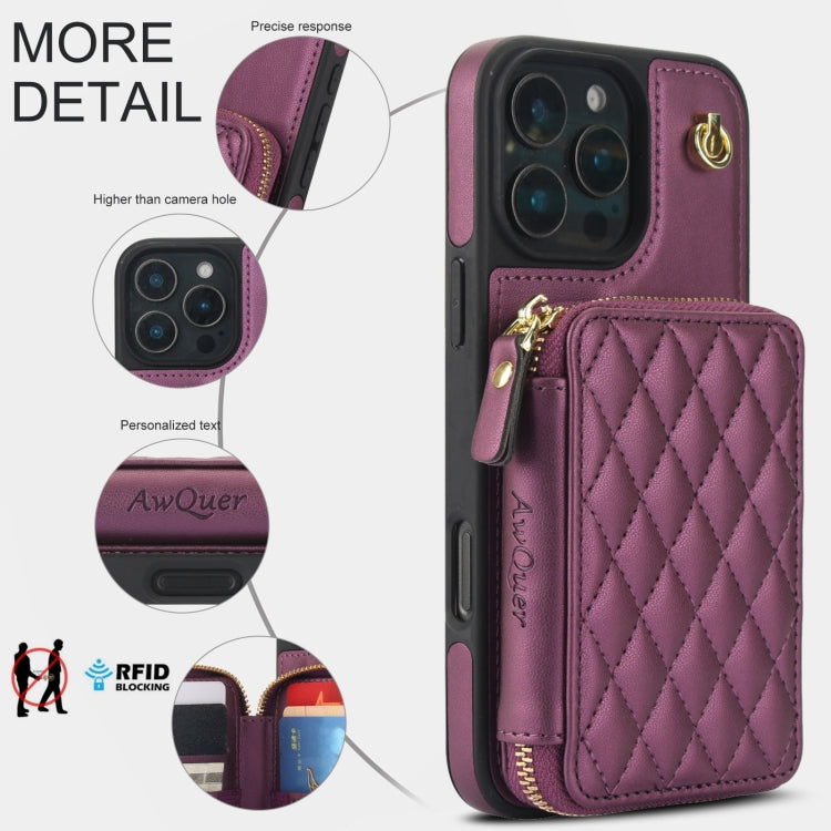 For iPhone 16 Pro AwQuer Crossbody Zipper Wallet Rhombic Leather Back Phone Case(Dark Purple) - iPhone 16 Pro Cases by Awquer | Online Shopping UK | buy2fix