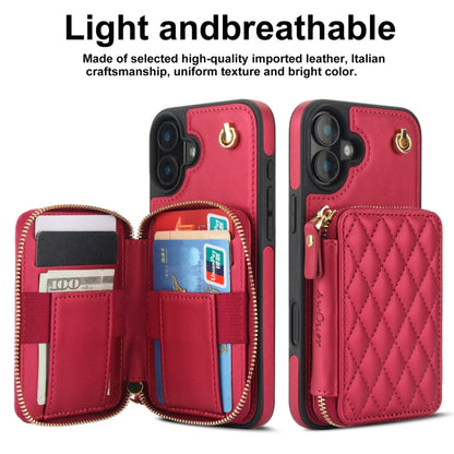 For iPhone 16 AwQuer Crossbody Zipper Wallet Rhombic Leather Back Phone Case(Red) - iPhone 16 Cases by Awquer | Online Shopping UK | buy2fix