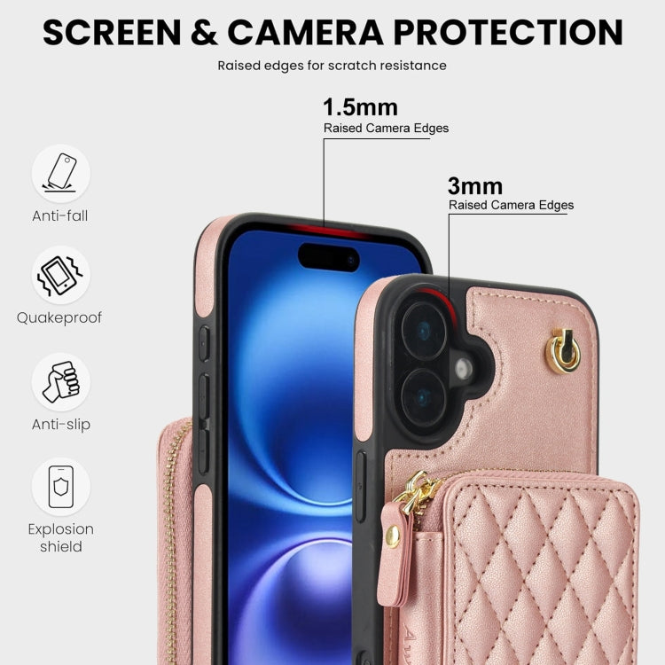 For iPhone 16 AwQuer Crossbody Zipper Wallet Rhombic Leather Back Phone Case(Rose Gold) - iPhone 16 Cases by Awquer | Online Shopping UK | buy2fix