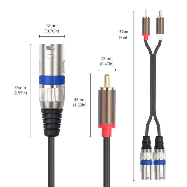 2 RCA Male to 2 XLR 3pin Male Audio Cable, Length:1.5m(Black Silver) - RCA Cable by buy2fix | Online Shopping UK | buy2fix