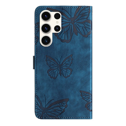 For Samsung Galaxy S25 Ultra 5G Skin-feel Embossed Butterfly Leather Phone Case(Blue) - Galaxy S25 Ultra 5G Tempered Glass by buy2fix | Online Shopping UK | buy2fix