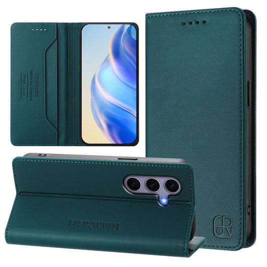 For Samsung Galaxy S24 / S25 5G RC01 Dual-Folded Magnetic Suction RFID Leather Phone Case(Dark Green) - Galaxy S25 5G Cases by buy2fix | Online Shopping UK | buy2fix