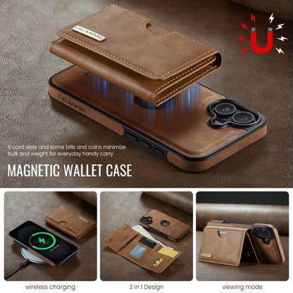 For iPhone 16 DG.MING M6 Series RFID Tri-fold Card Bag Removable Leather Phone Case(Brown) - iPhone 16 Cases by DG.MING | Online Shopping UK | buy2fix