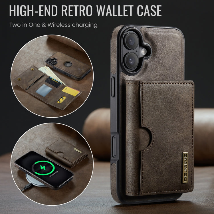 For iPhone 16 DG.MING M6 Series RFID Tri-fold Card Bag Removable Leather Phone Case(Coffee) - iPhone 16 Cases by DG.MING | Online Shopping UK | buy2fix