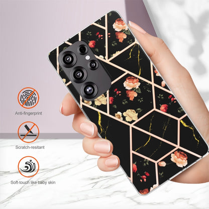 For Samsung Galaxy S25 Ultra 5G Splicing Marble Flower IMD TPU Phone Case(Black Flower) - Galaxy S25 Ultra 5G Cases by buy2fix | Online Shopping UK | buy2fix