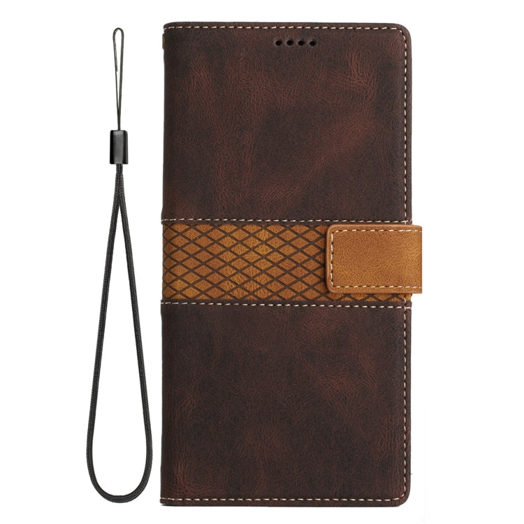 For Samsung Galaxy S25 5G Grid Stitching Leather Phone Case with Lanyard(Brown) - Galaxy S25 5G Cases by buy2fix | Online Shopping UK | buy2fix