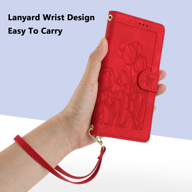 For Samsung Galaxy S25 Ultra 5G Tulips Embossed Leather Phone Case with Lanyard(Red) - Galaxy S25 Ultra 5G Cases by buy2fix | Online Shopping UK | buy2fix