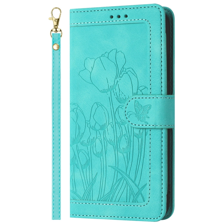 For Samsung Galaxy S25+ 5G Tulips Embossed Leather Phone Case with Lanyard(Green) - Galaxy S25+ 5G Cases by buy2fix | Online Shopping UK | buy2fix