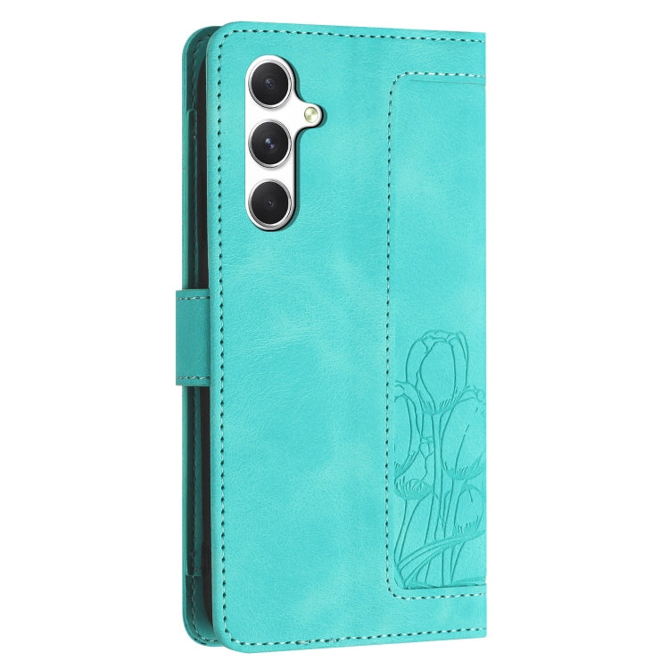 For Samsung Galaxy S25+ 5G Tulips Embossed Leather Phone Case with Lanyard(Green) - Galaxy S25+ 5G Cases by buy2fix | Online Shopping UK | buy2fix