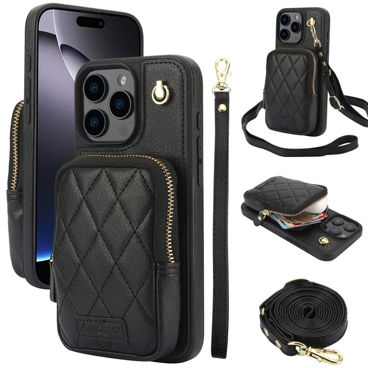 For iPhone 16 Pro Max AwQuer Crossbody Zipper Wallet Bag Litchi Leather Phone Case(Black) - iPhone 16 Pro Max Cases by Awquer | Online Shopping UK | buy2fix