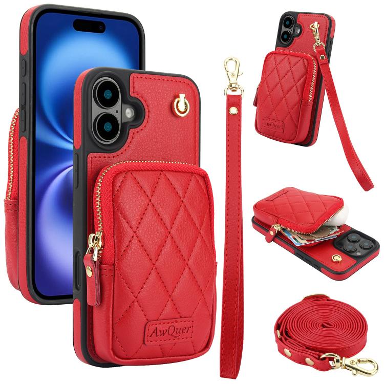 For iPhone 16 AwQuer Crossbody Zipper Wallet Bag Litchi Leather Phone Case(Red) - iPhone 16 Cases by Awquer | Online Shopping UK | buy2fix