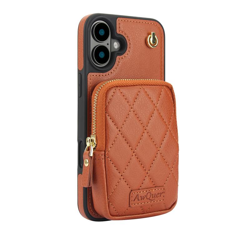 For iPhone 16 AwQuer Crossbody Zipper Wallet Bag Litchi Leather Phone Case(Brown) - iPhone 16 Cases by Awquer | Online Shopping UK | buy2fix