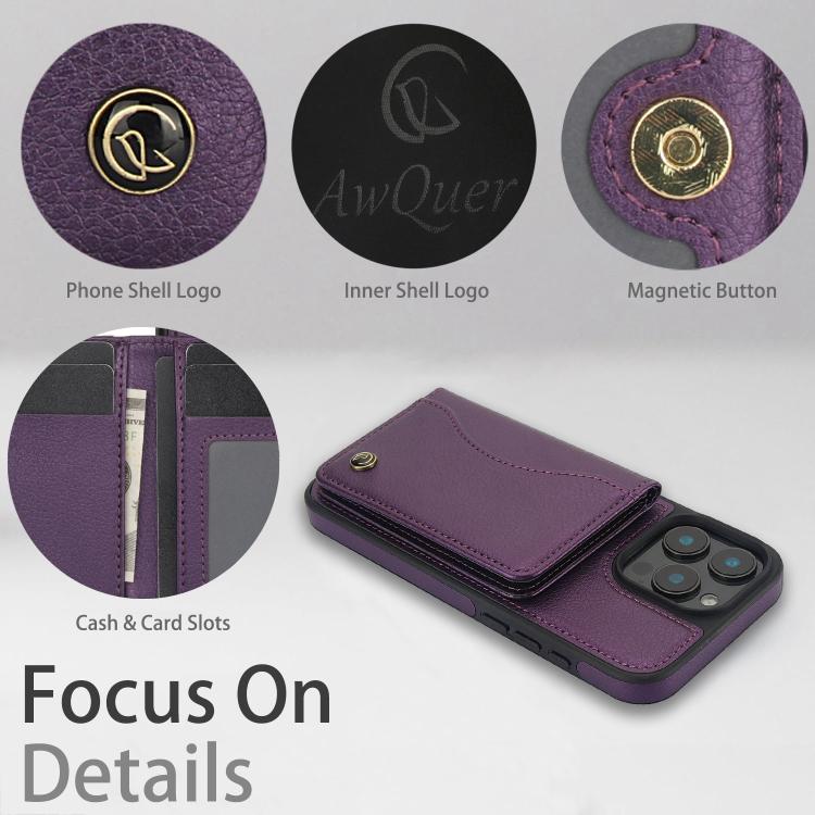 For iPhone 16 Pro Max AwQuer Horizontal Flip Card Bag Holder Leather Phone Case(Dark Purple) - iPhone 16 Pro Max Cases by Awquer | Online Shopping UK | buy2fix