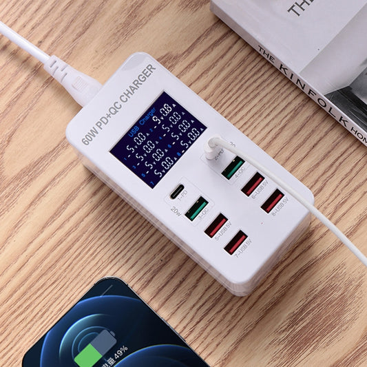 A8T 60W 8 Ports USB + QC3.0 + PD Type-C Smart Charging Station with Digital Display AC100-240V, UK Plug - Multifunction Charger by buy2fix | Online Shopping UK | buy2fix