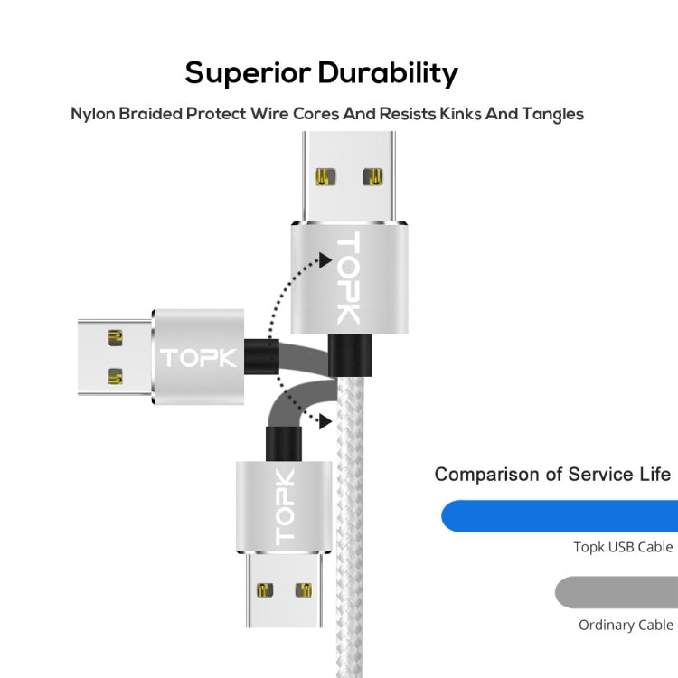 TOPK 1m 2.4A Max USB to 8 Pin + USB-C / Type-C + Micro USB Nylon Braided Magnetic Charging Cable with LED Indicator(Silver) - Charging Cable & Head by TOPK | Online Shopping UK | buy2fix